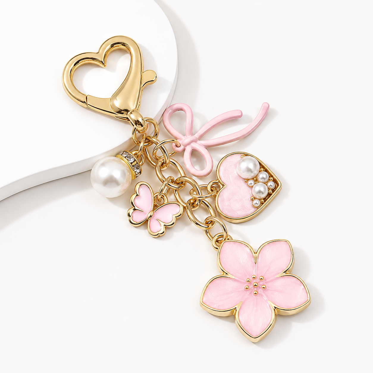 Cherry Blossom Cute Bow Pearl Heart Charm Keychain