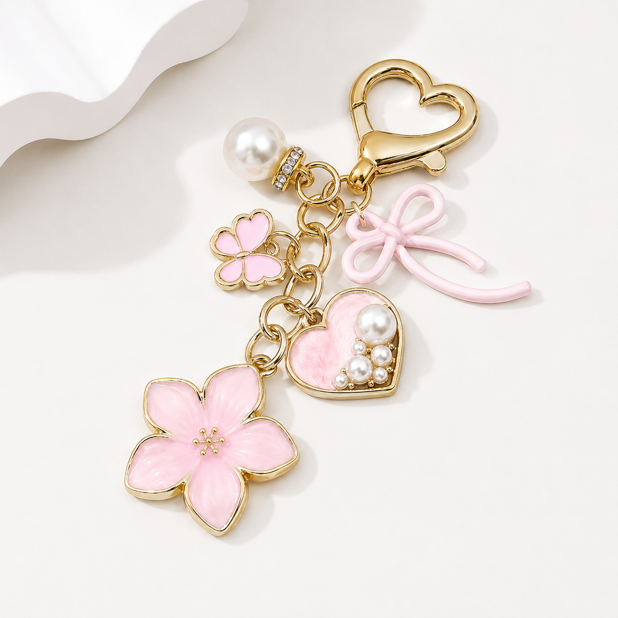 Cherry Blossom Cute Bow Pearl Heart Charm Keychain