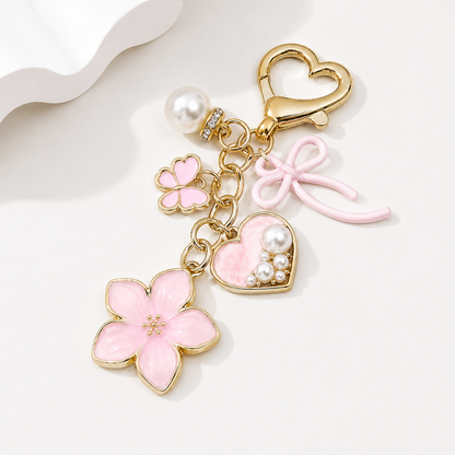 Cherry Blossom Cute Bow Pearl Heart Charm Keychain