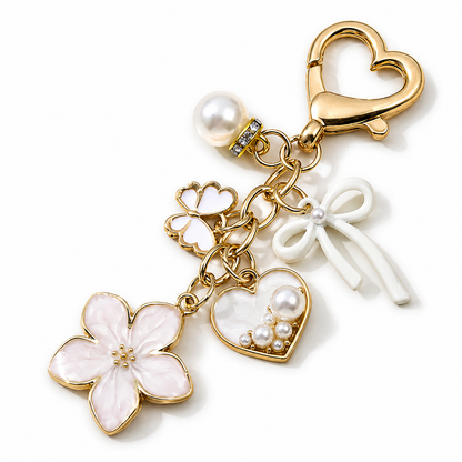 Cherry Blossom Cute Bow Pearl Heart Charm Keychain