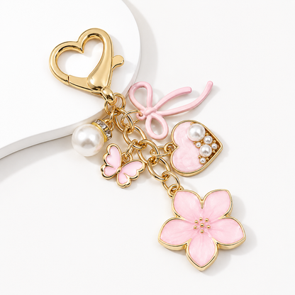 Cherry Blossom Cute Bow Pearl Heart Charm Keychain
