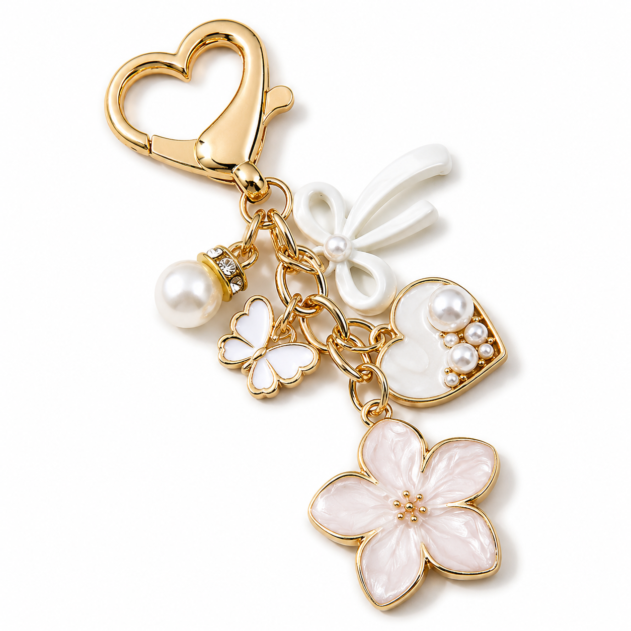 Cherry Blossom Cute Bow Pearl Heart Charm Keychain